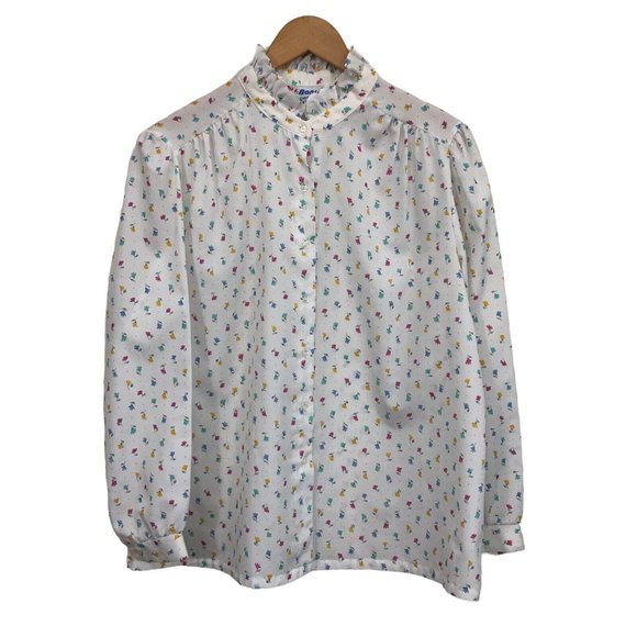SOLD Vintage 70s 80s Ditsy Floral Button Up High Ruffle Neck Blouse size L - Picture 2 of 7